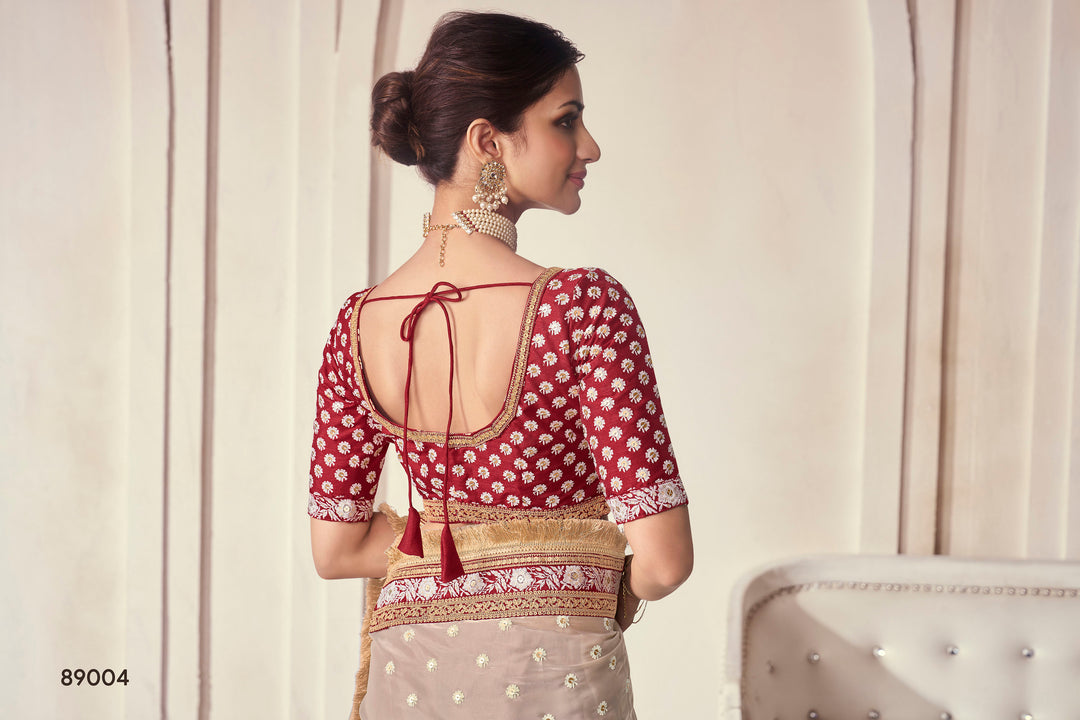 Beige Embroidered Organza Saree | Contrast Border with Zari Work