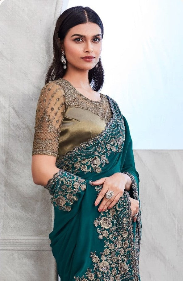 Elegant Green Walnut Silk Saree | Traditional Indian Sari with Embroidery