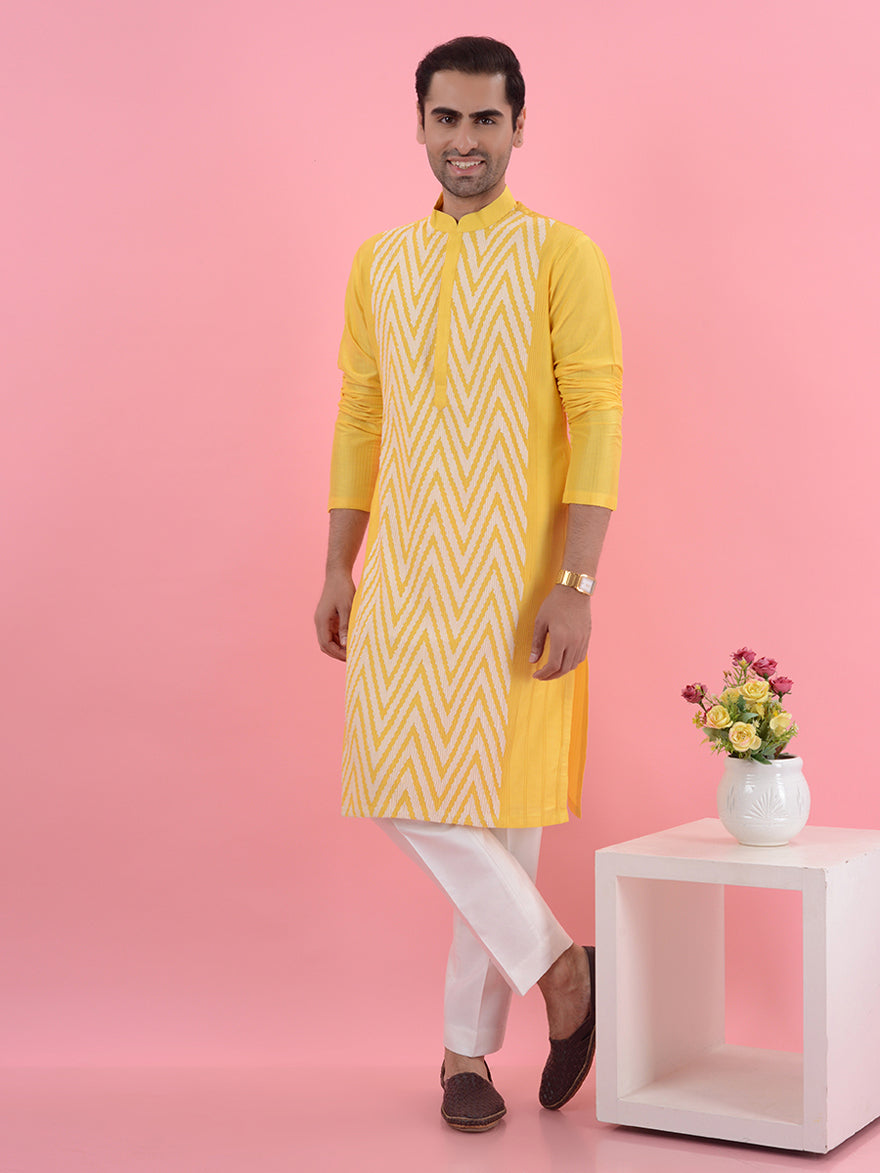 Make a statement in this yellow kurta pajama, designed for festive occasions in the USA.