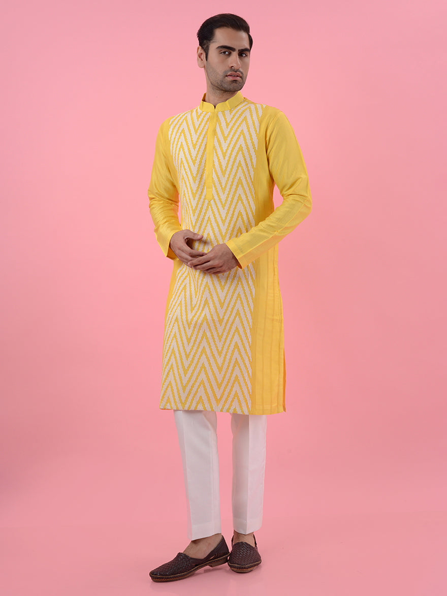 Yellow silk blend kurta pajama for men, crafted for traditional and elegant events.