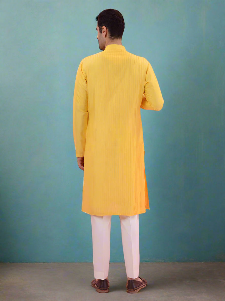 Men's yellow silk blend kurta set, ideal for ethnic wear and special occasions.