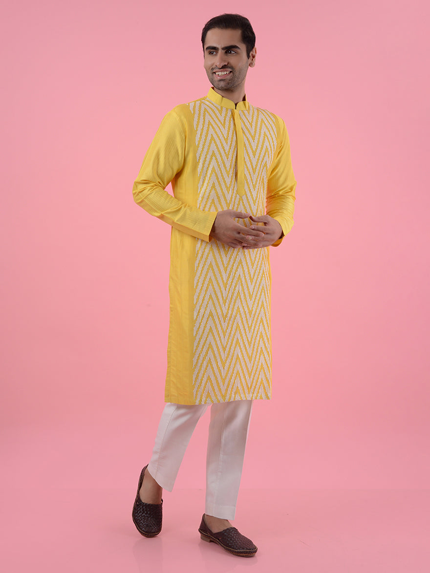 Enjoy comfort and style with this yellow kurta pajama set, ideal for traditional events in the USA.