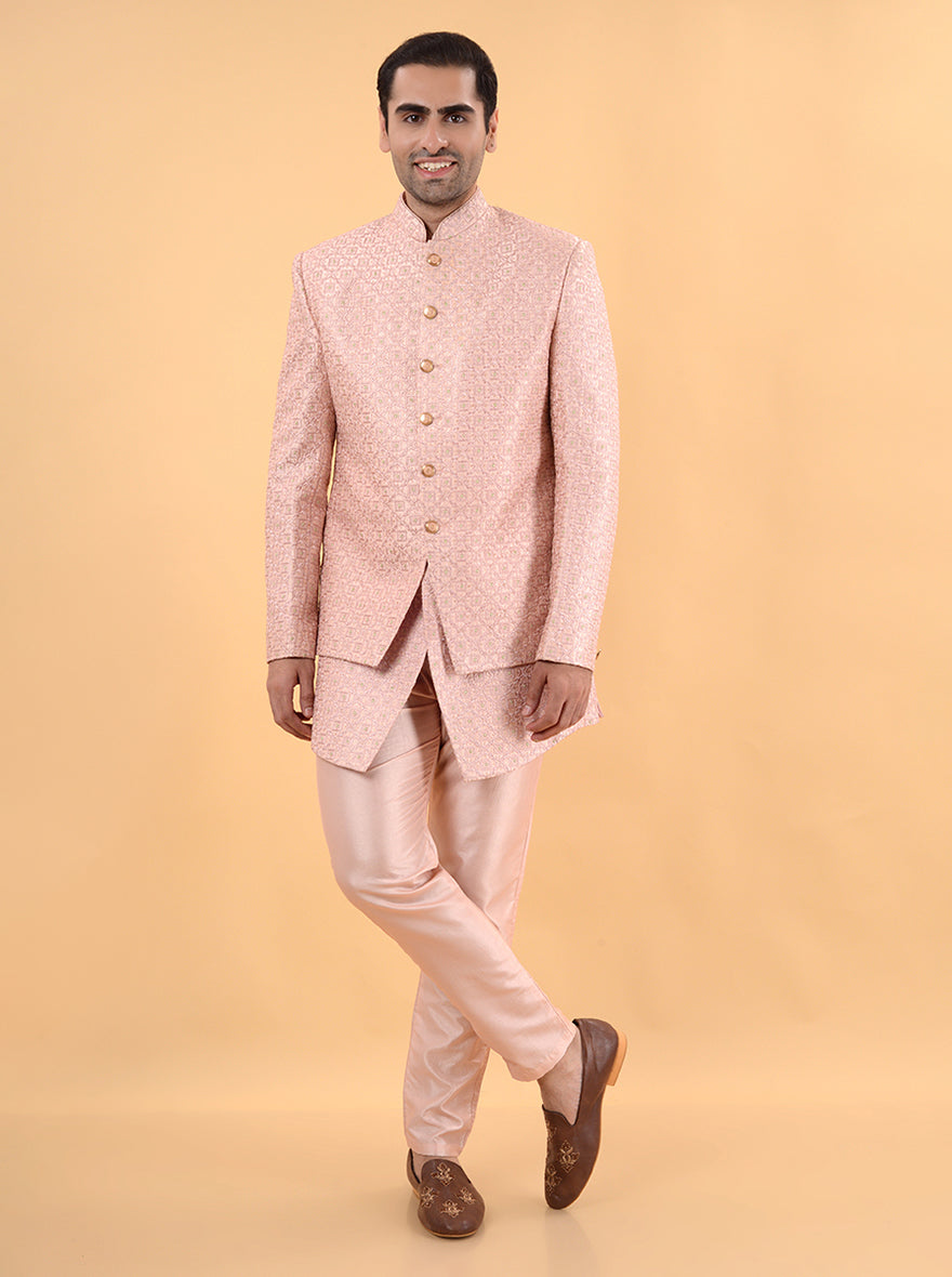 Peach silk Indo Western with resham, sequins, and machine embroidery