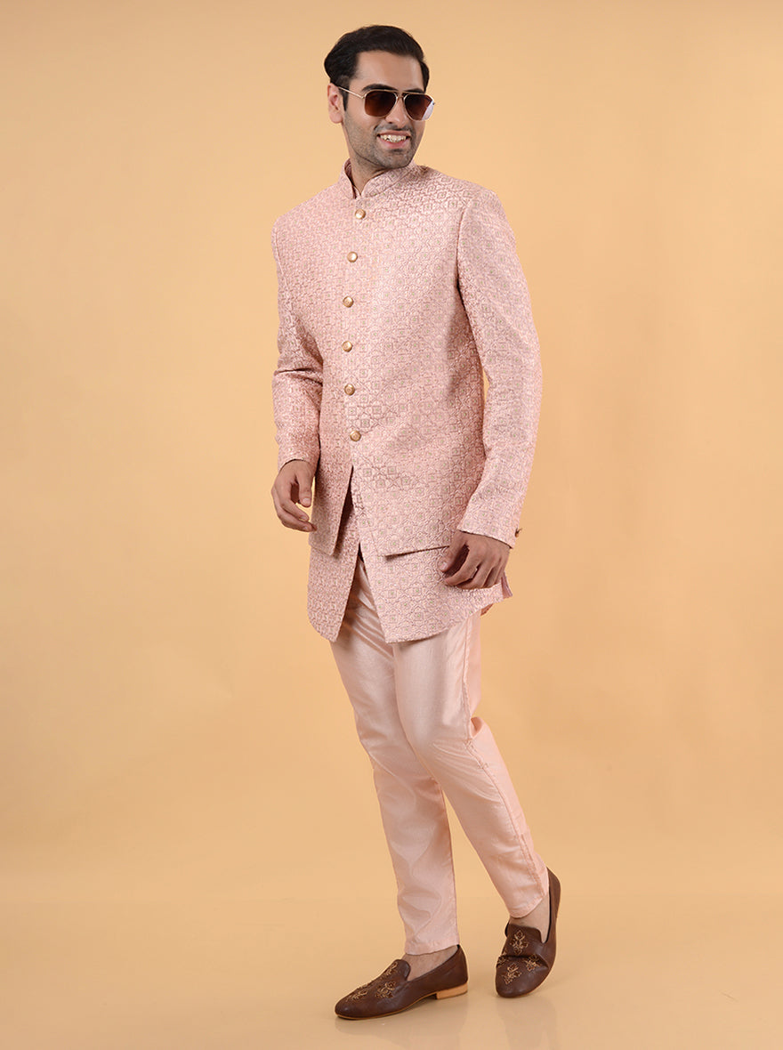 Elegant peach silk Indo Western kurta for engagement and sangeet wear