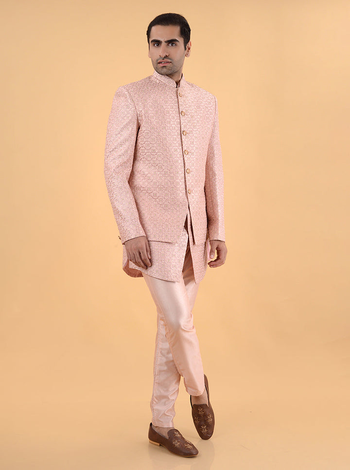 Men’s embroidered peach silk Indo Western, ideal for festive occasions