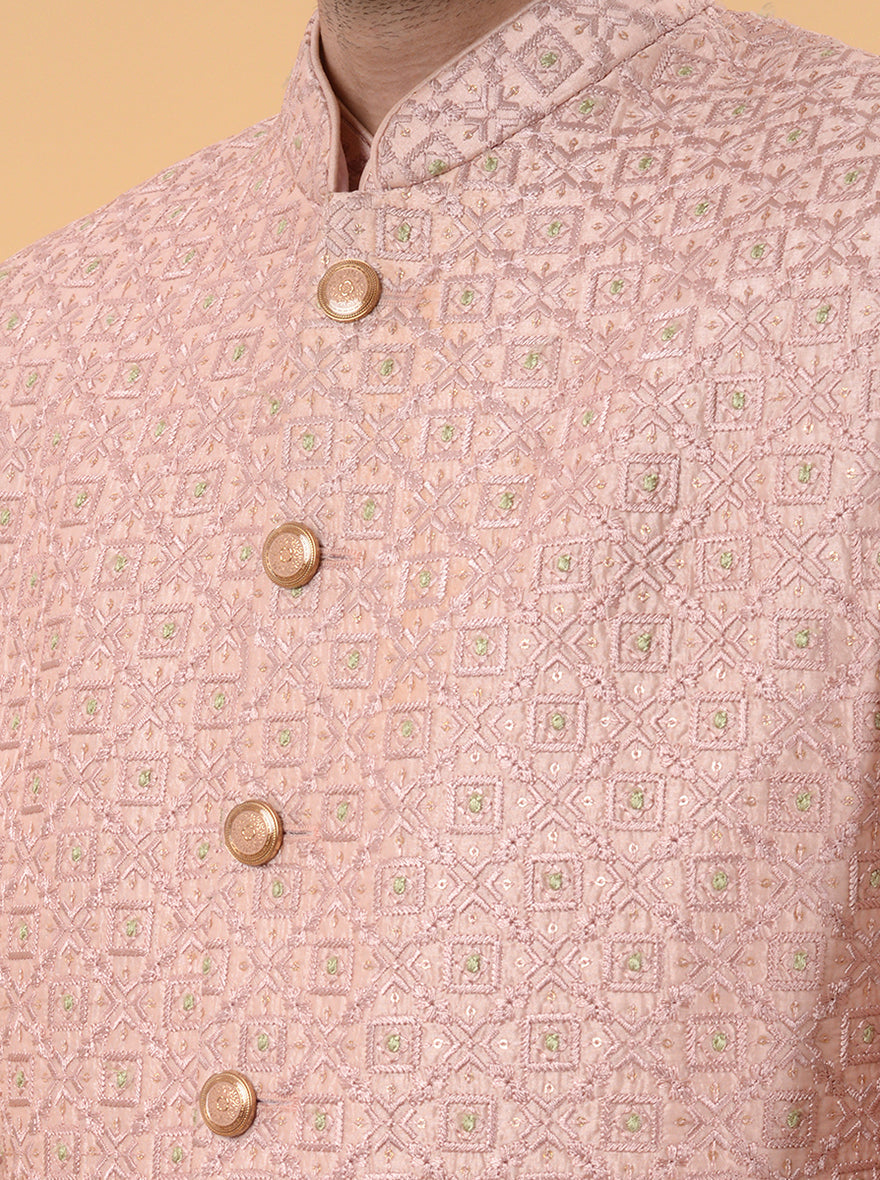 Peach silk Indo Western with sequins and machine embroidery for men