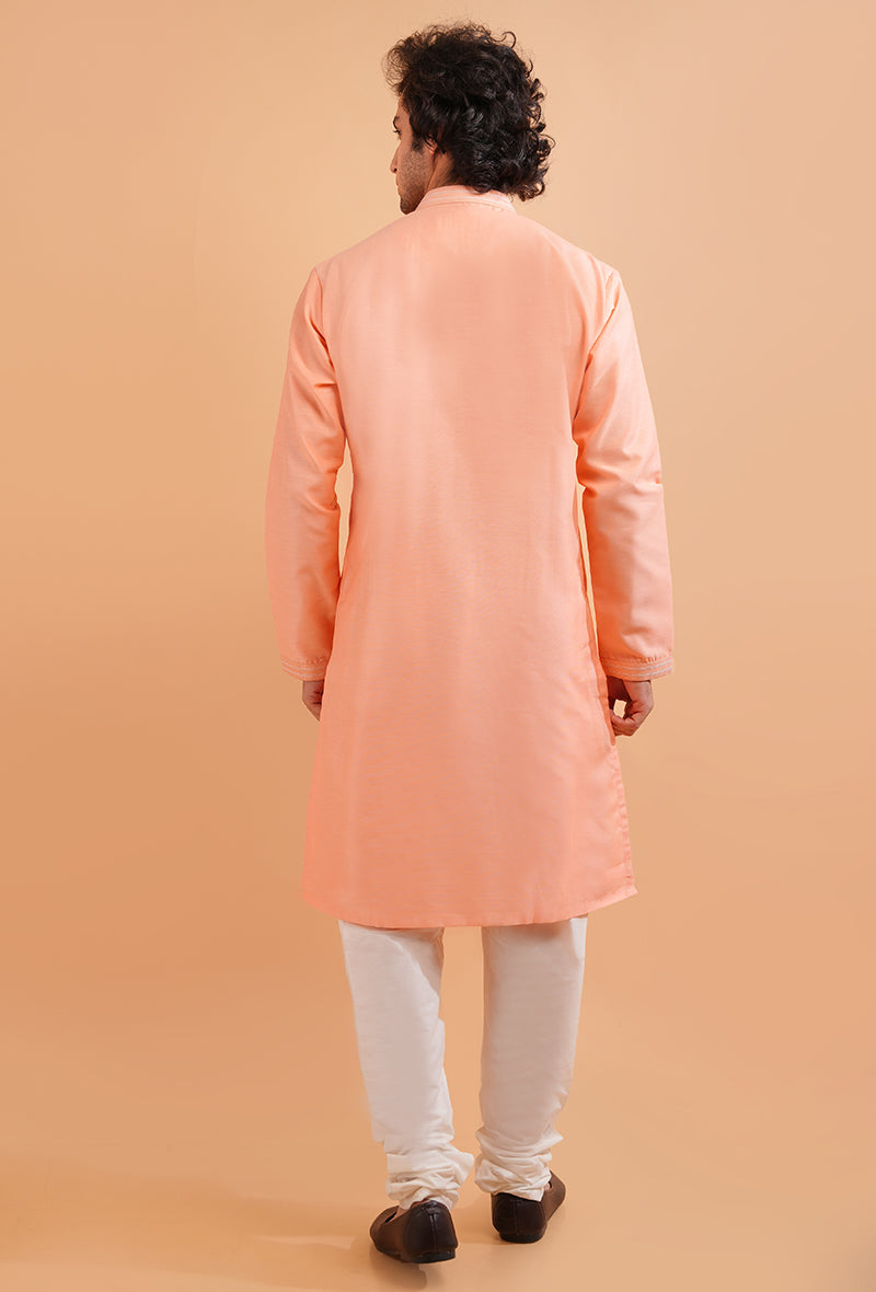 USA-ready peach silk kurta, blending style with tradition for men.