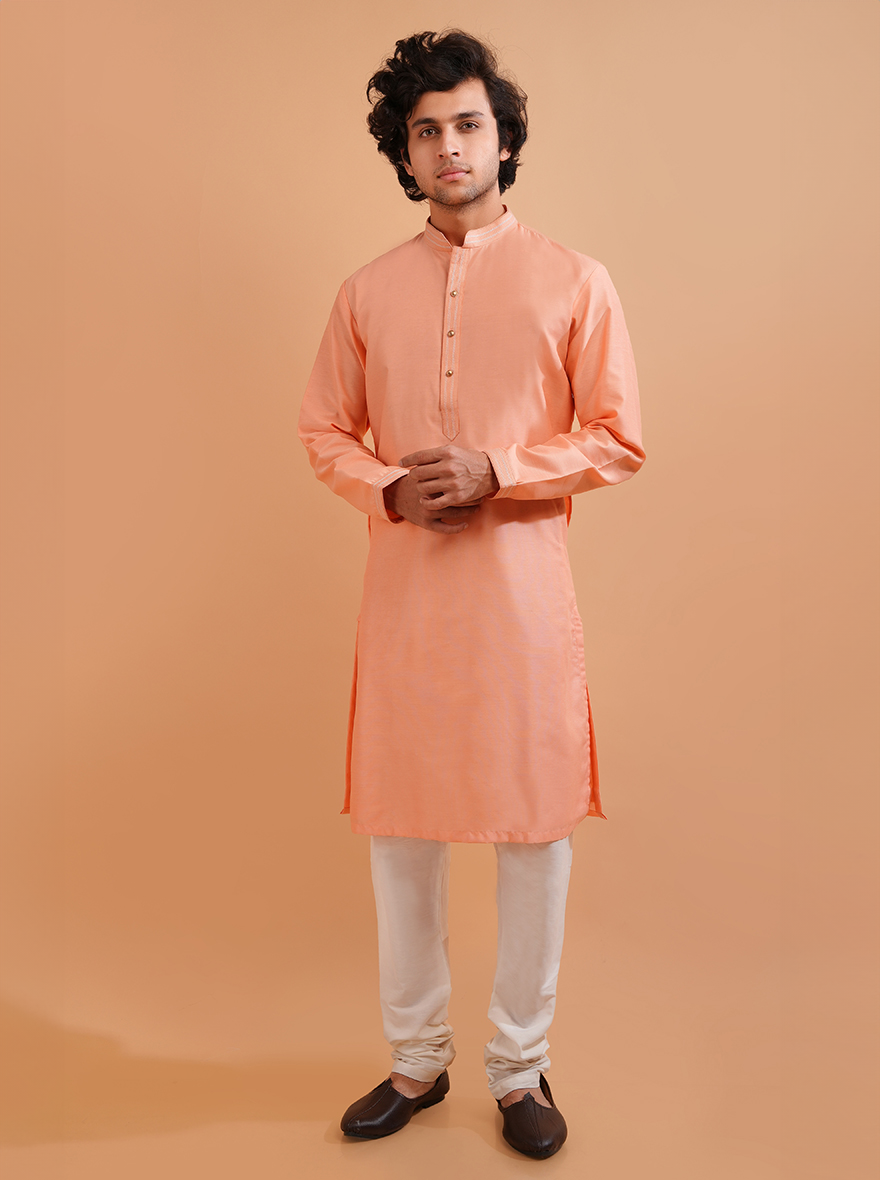 Luxurious peach silk kurta pajama, tailored for USA men’s formal gatherings.