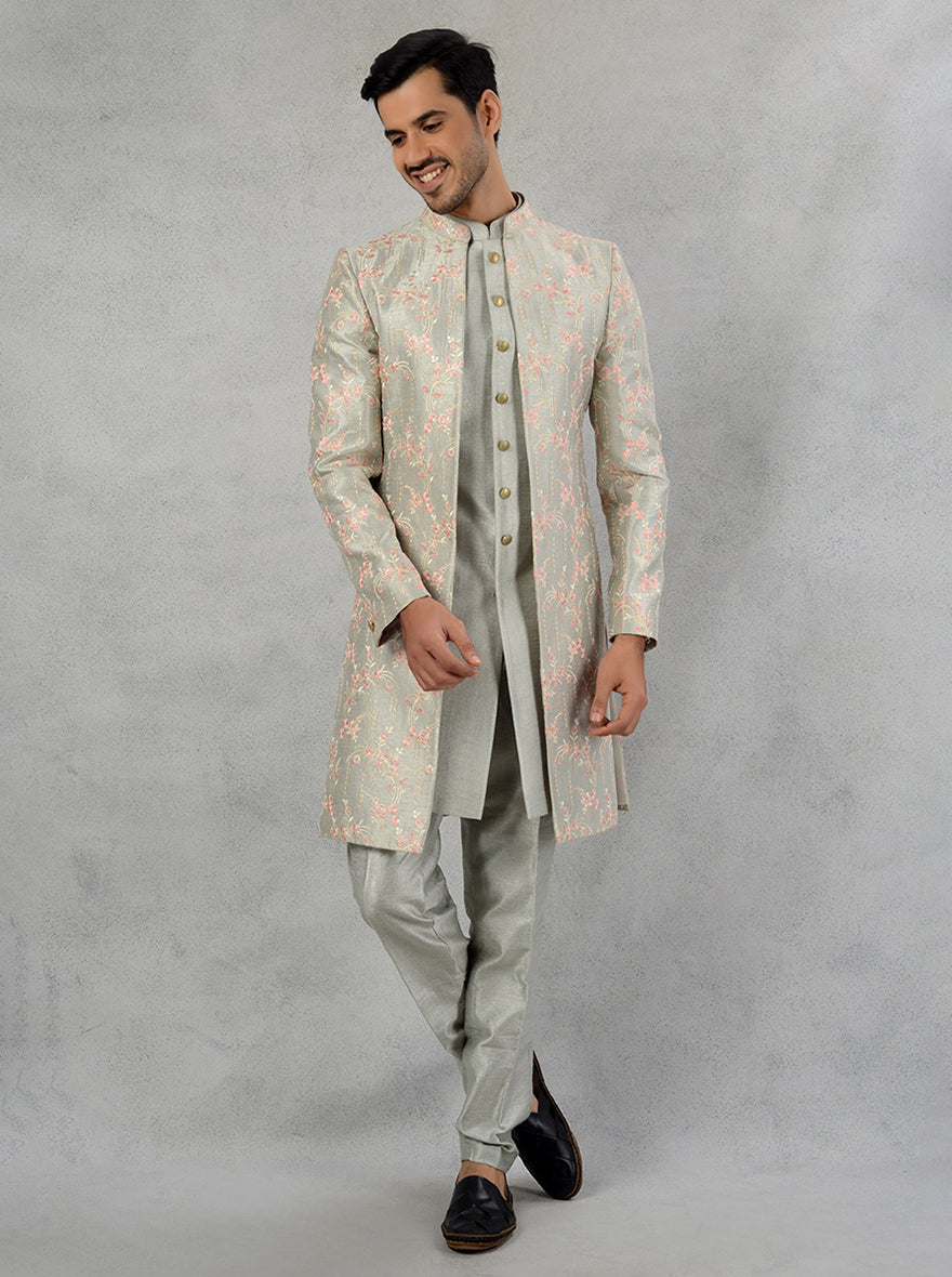 Pista Green Silk Blend Indowestern for men with Resham & Sequins embroidery.