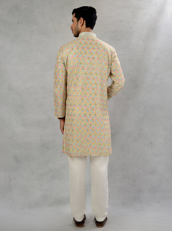 Elevate your celebrations with this sea green silk jacquard kurta pajama for men, ideal for cultural gatherings.