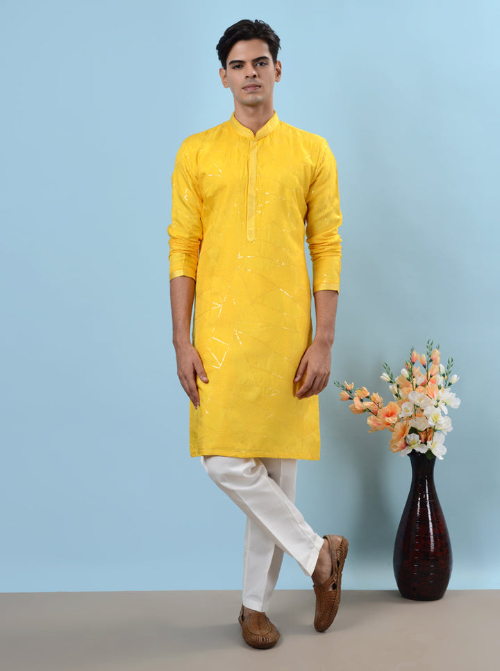 Unique yellow kurta pajama made from silk blend, ensuring comfort and style for Haldi events in the USA.