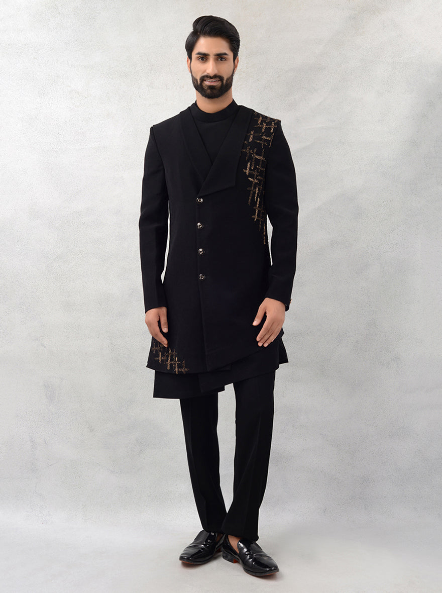 Stylishly command the room in this Black Indowestern, featuring modern embroidery for weddings in the USA.