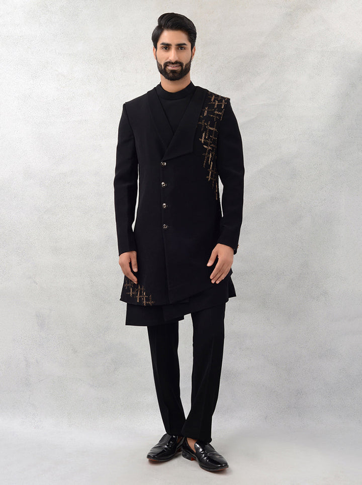 Imported black embroidered indowestern with mandarin collar