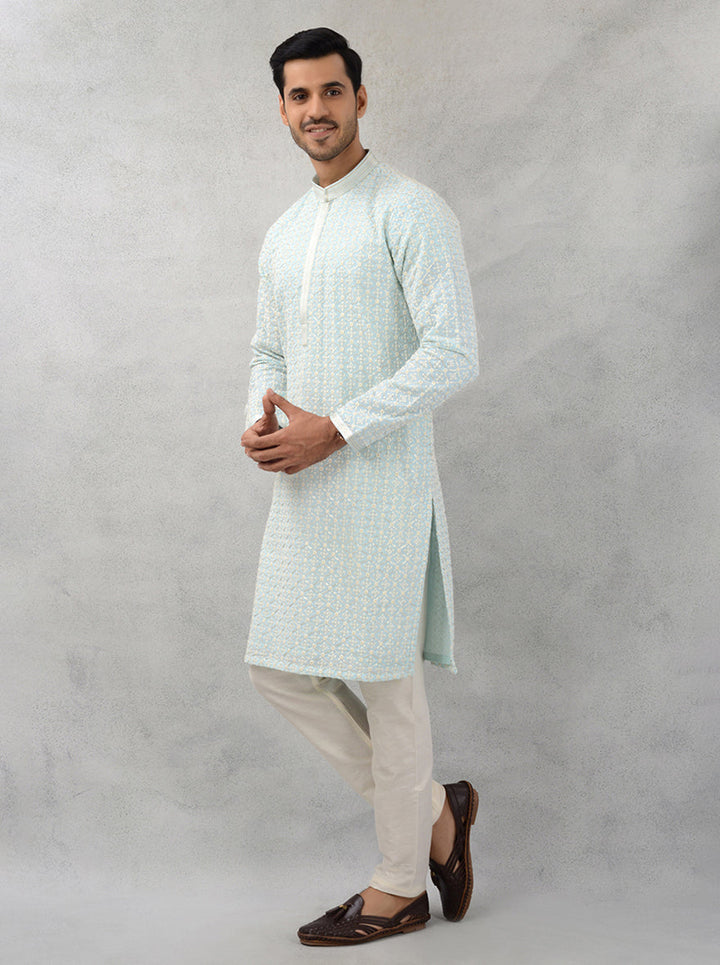 USA men’s sky blue kurta pajama with resham & sequin embroidery