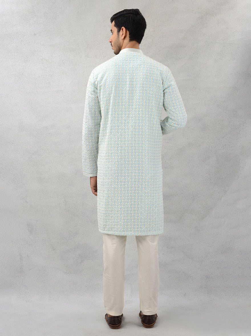 Festive sky blue embroidered kurta pajama, soft feel, USA haldi wear