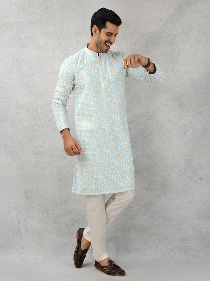 Sky blue kurta pajama for friend’s haldi, USA men’s ethnic wear