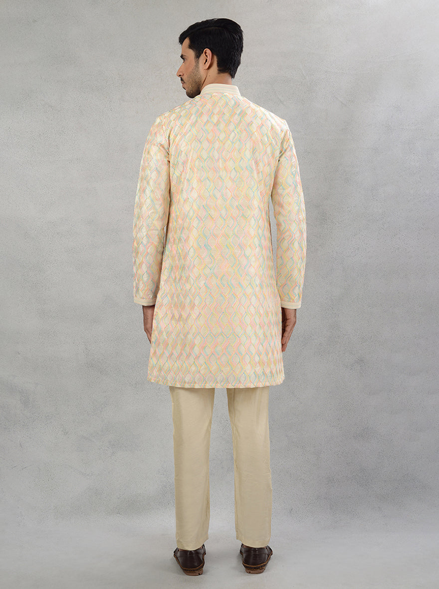 Men's silk blend kurta pajama with intricate Resham embroidery for festive occasions.