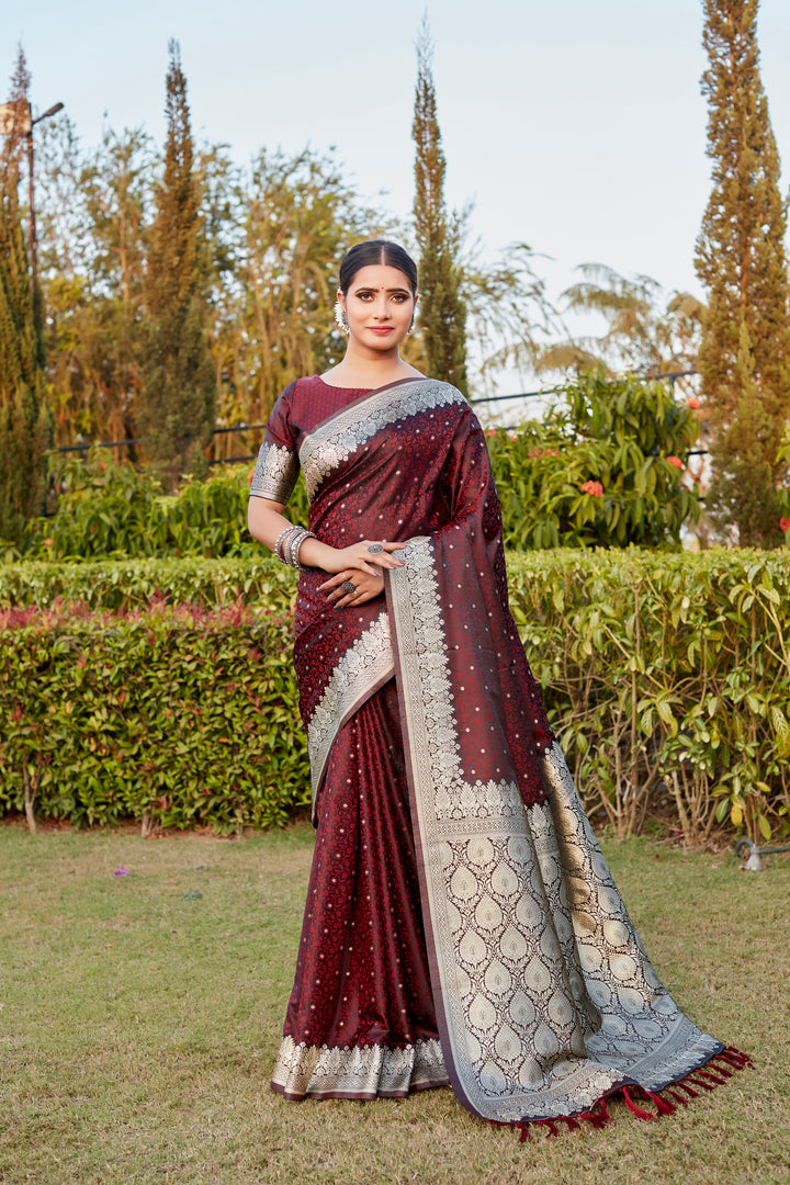 Elegant Wine Satin Silk Saree with intricate Butta patterns and designer border, perfect for weddings.