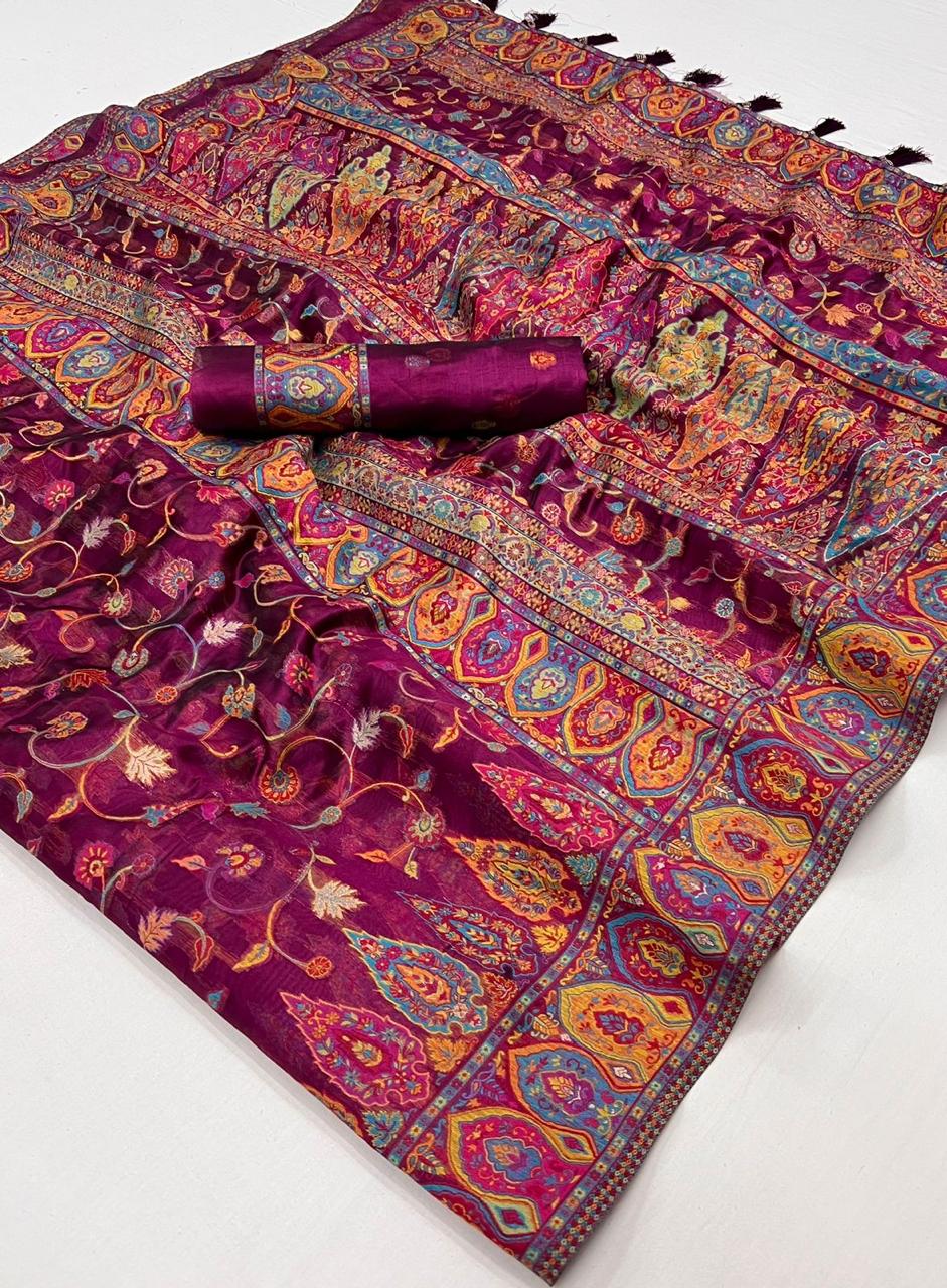 Designer Kashmiri Pashmina Organza Silk Saree | Traditional Indian Wear