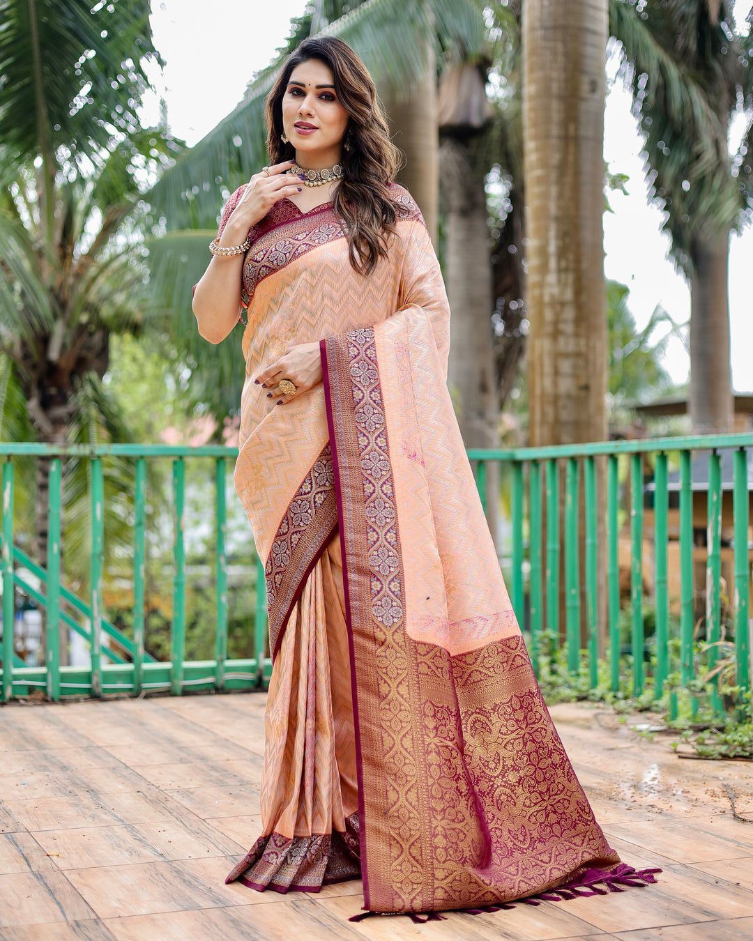 Stunning Peach Pure Kanjivaram Saree with Leheriya pattern and beautiful heavy border for weddings.