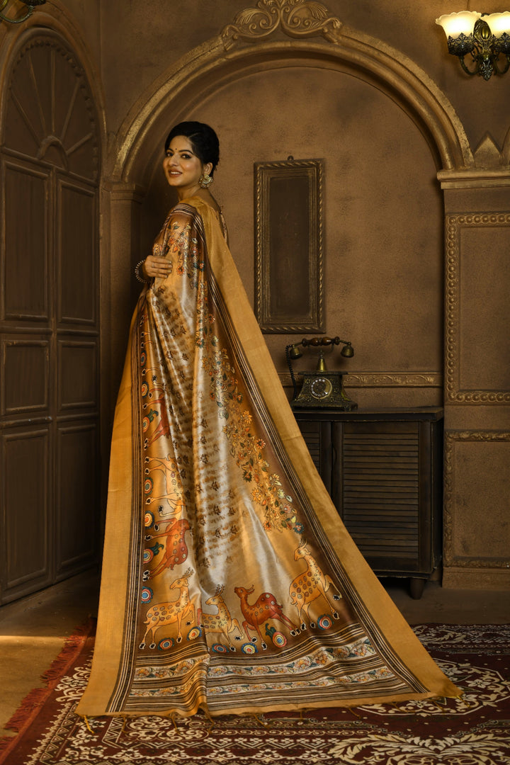 Elegant yellow Kalamkari Tussar silk saree with contrast blouse, a must-have for your wardrobe in the USA.