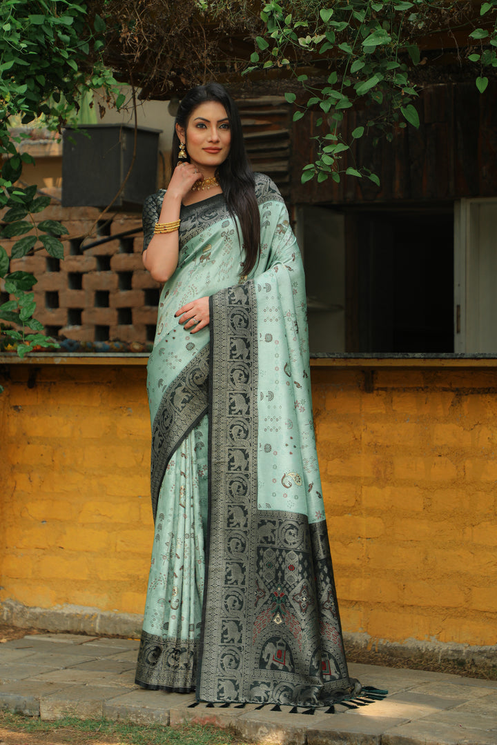 Elegant white Kanjivaram soft silk saree with detailed weaving and traditional borders, perfect for cultural functions.