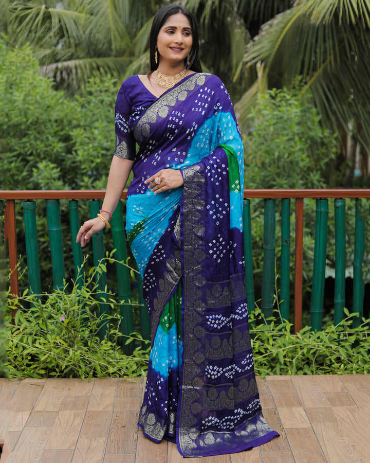 Designer Blue Bandhej Silk Saree with richly woven pallu and intricate zari detailing.