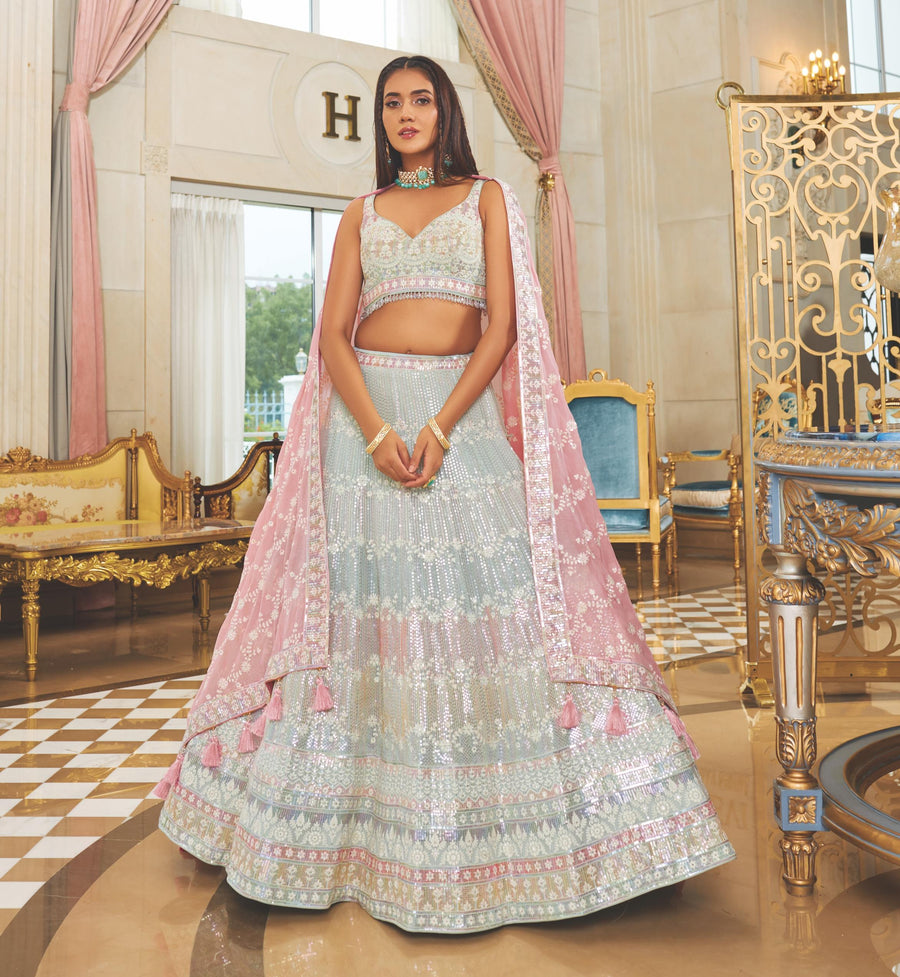 Stunning multi-color lehenga choli made from pure georgette, perfect for adding a vibrant touch to your festive wardrobe.