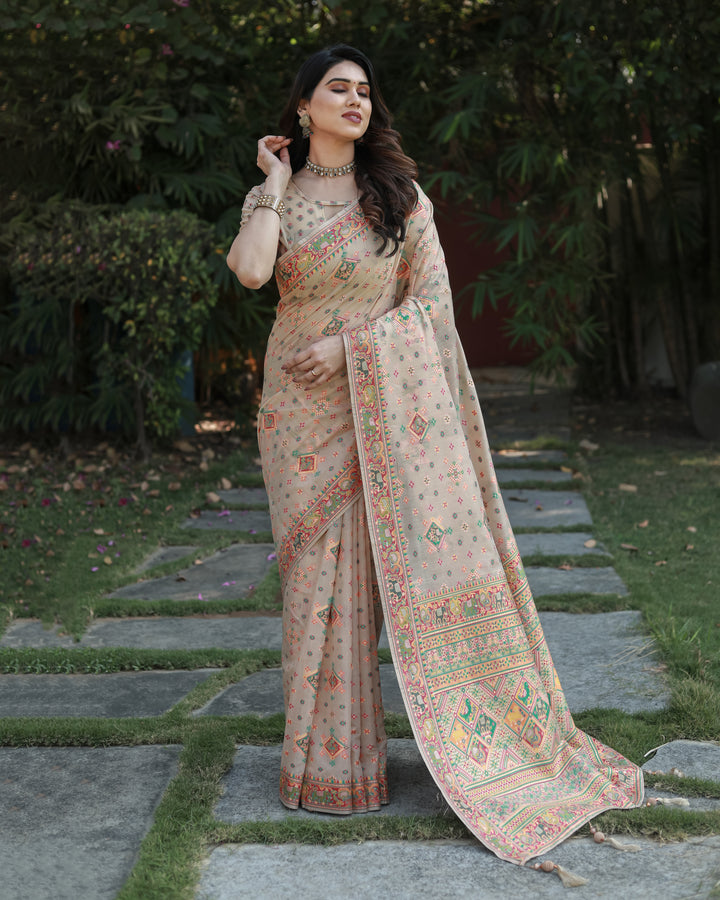 Beige Pashmina Weaving Cotton Saree with grand woven Pallu, ideal for special occasions and celebrations.