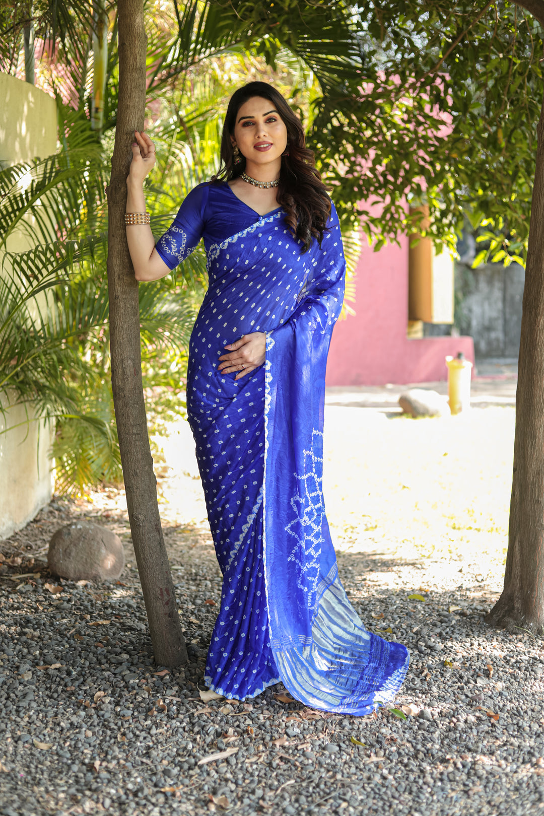 Elegant Blue Bandhej Silk Saree with original design and beautiful Zari weaving and Pallu.