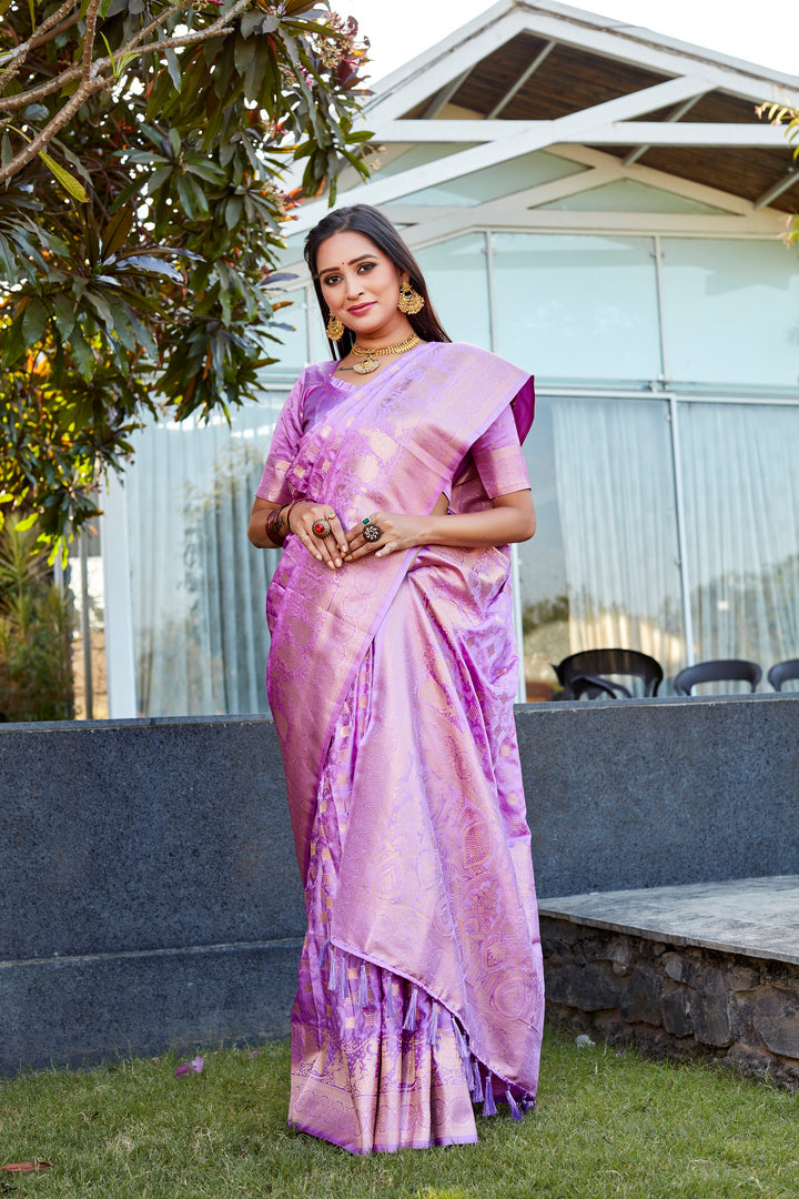 Elegant Purple Satin Silk Wedding Saree featuring dual weave and luxurious pallu for special occasions.