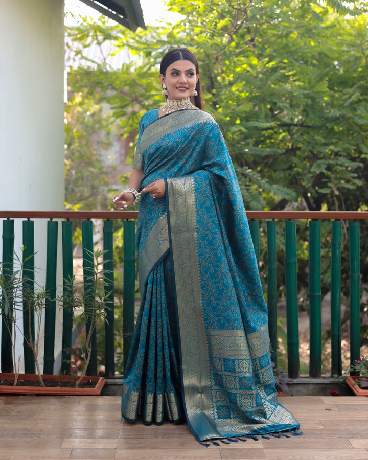 Stunning blue Patola Silk Saree with Zari detailing and Kanchi borders, crafted for USA festive wear.