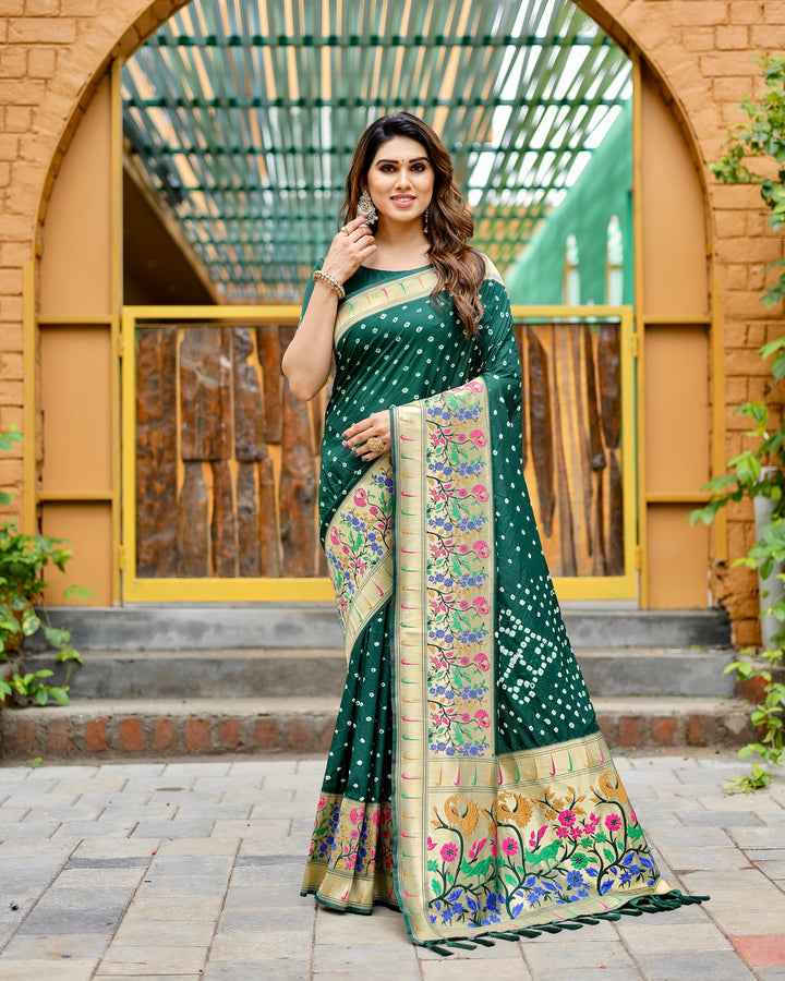 Dark green Bandhej silk saree with exquisite Paithani pallu, designed with zari weaving and fine craftsmanship.