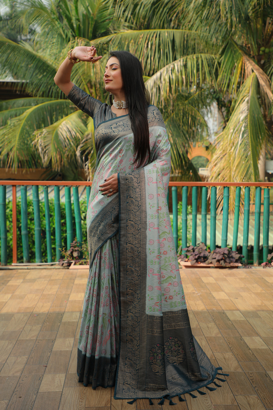 Beautiful sky-blue Kanjivaram soft silk saree with heavy blouse, perfect for weddings and special events.