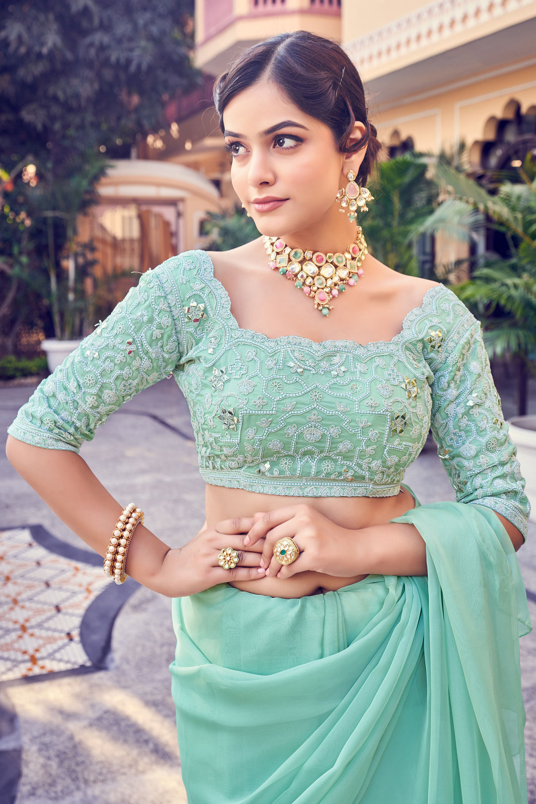 Sea Green Organza Saree | Ruffled Design with Zari Work