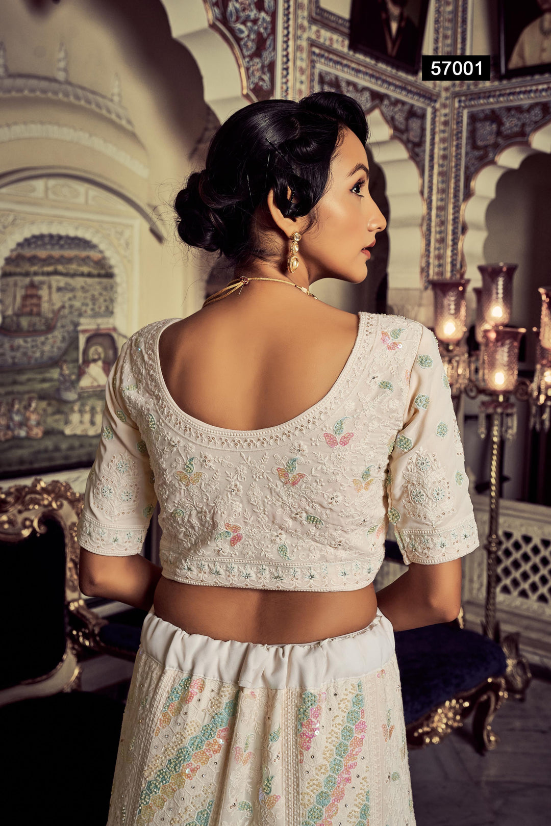 White Georgette Embroidered Lehenga | Semi-Stitched with Blouse