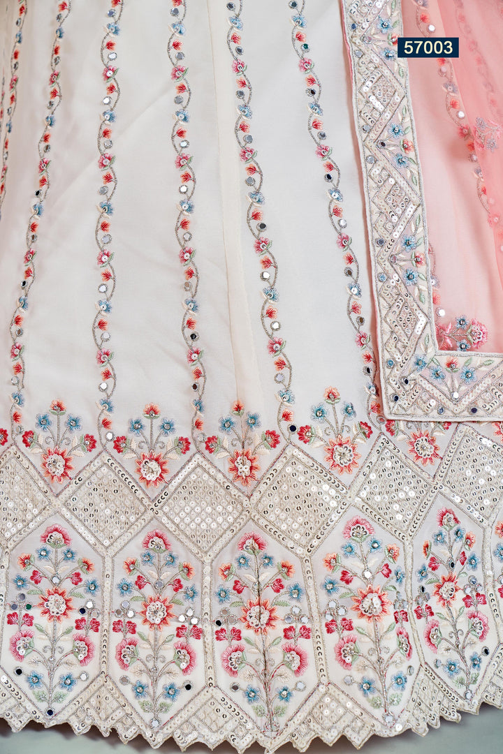 Modern White Semi Stitched Lehenga | Mirror Embroidered Choli Set