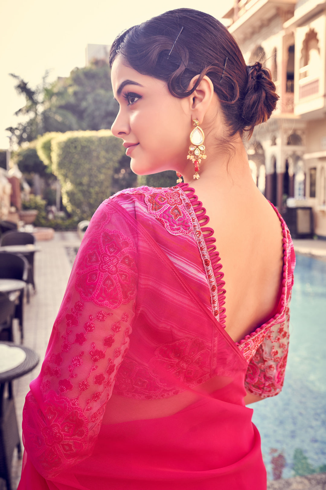 Bright Pink Ruffled Saree | Elegant Organza Design with Zari Work