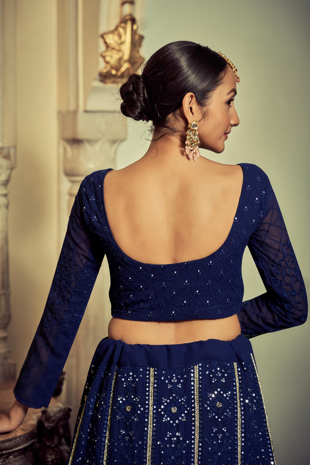 Navy Blue Georgette Lehenga Choli | Sequins & Thread Embroidery Design