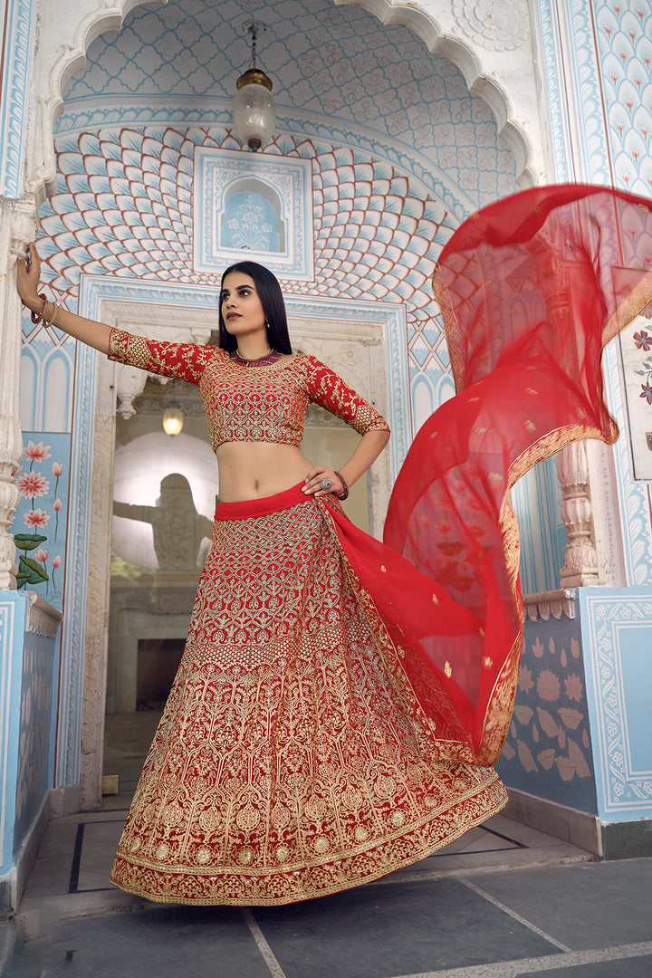 Red Zari Embroidered Semi Stitched Lehenga | Georgette Fabric with Blouse