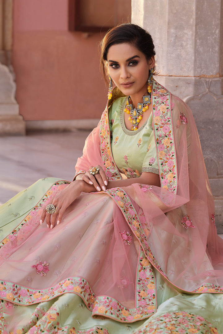 Pista Green Lehenga | Wedding Wear Satin Lehenga Choli