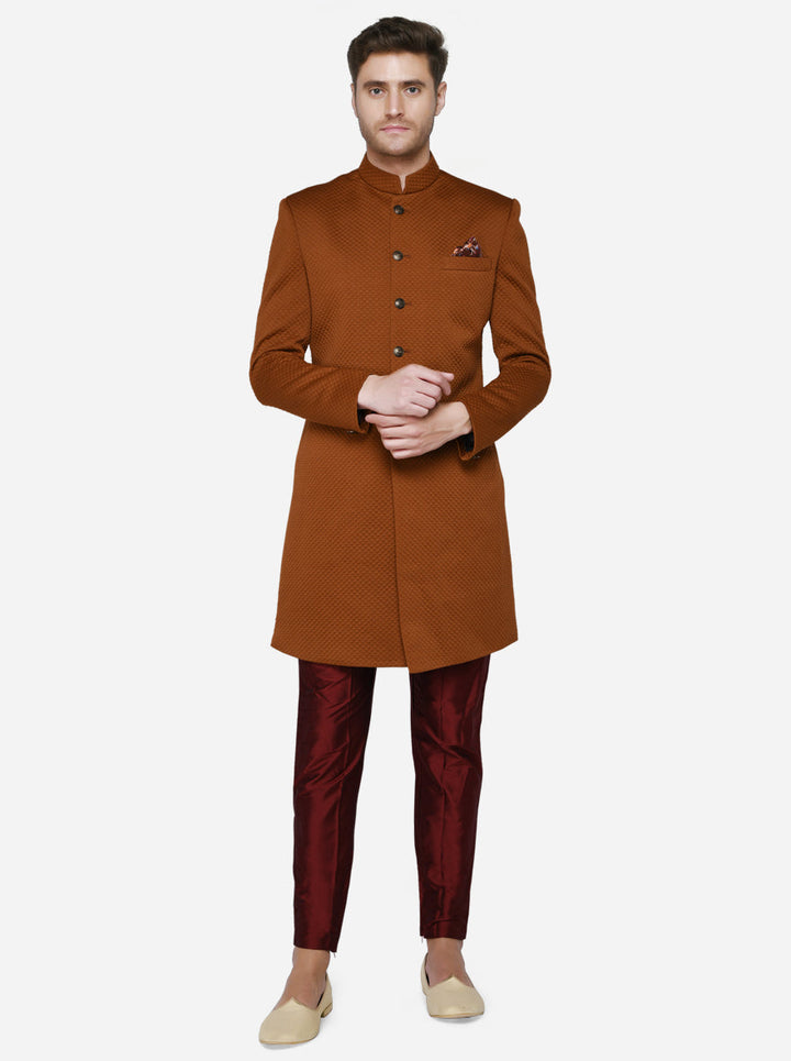 This brown mid-length jacket for men offers a trendy look, elevating your ethnic wear for various occasions in the USA.