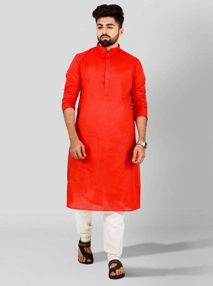 Red cotton kurta set for men in the USA, designed with mandarin collar and stylish side slits.