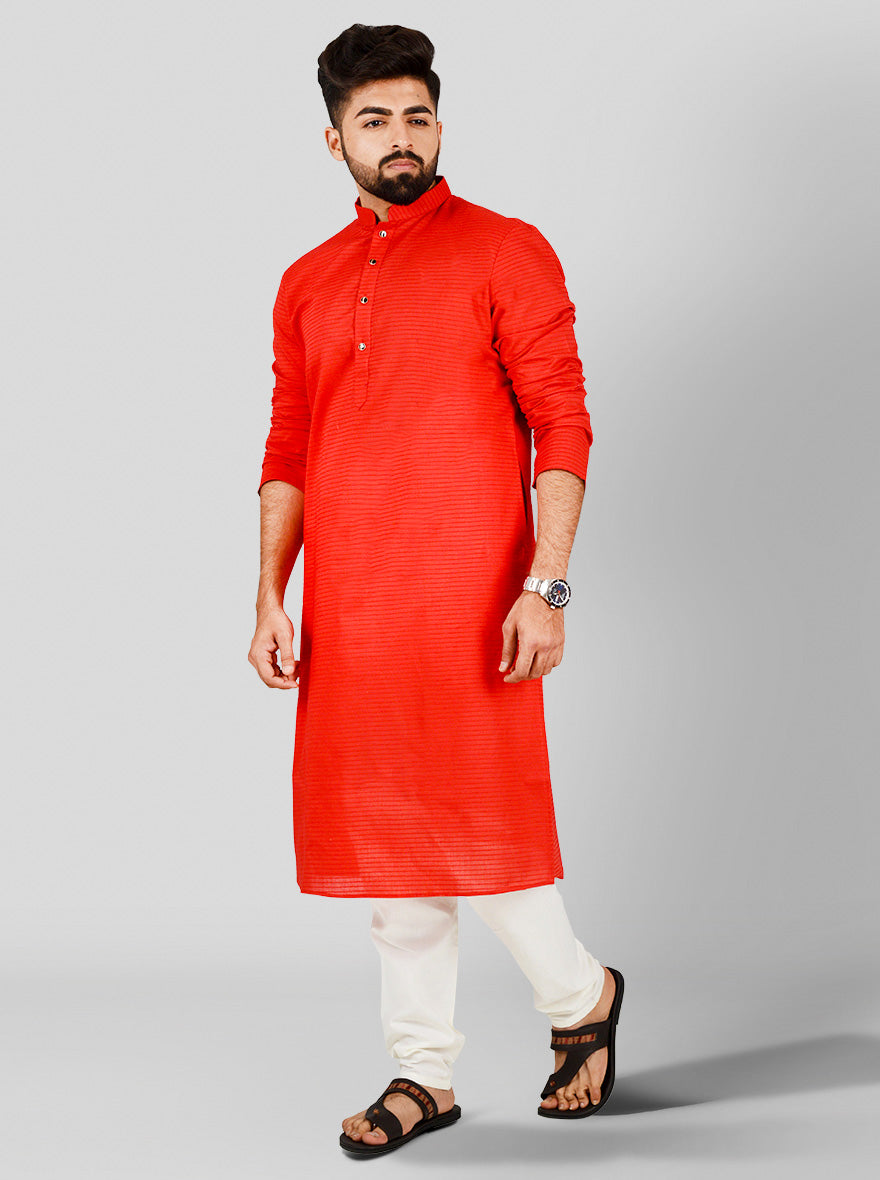 Red kurta set for men, crafted from breathable cotton, perfect for traditional USA events.