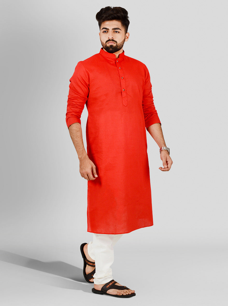 Discover comfort with this red cotton kurta set for men, featuring full sleeves and side slits for USA occasions.