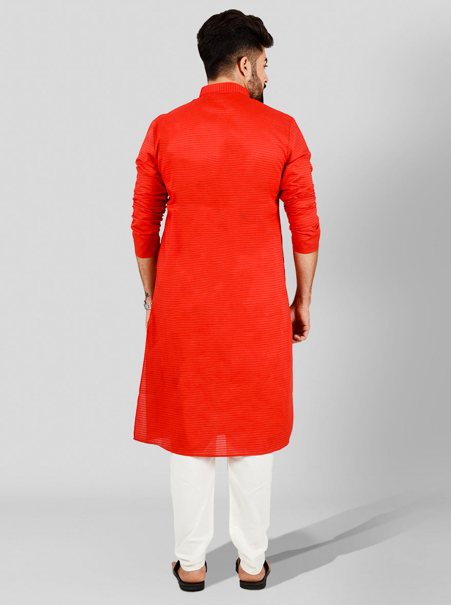 Red cotton kurta set for men, offering style and comfort with a modern touch in the USA.