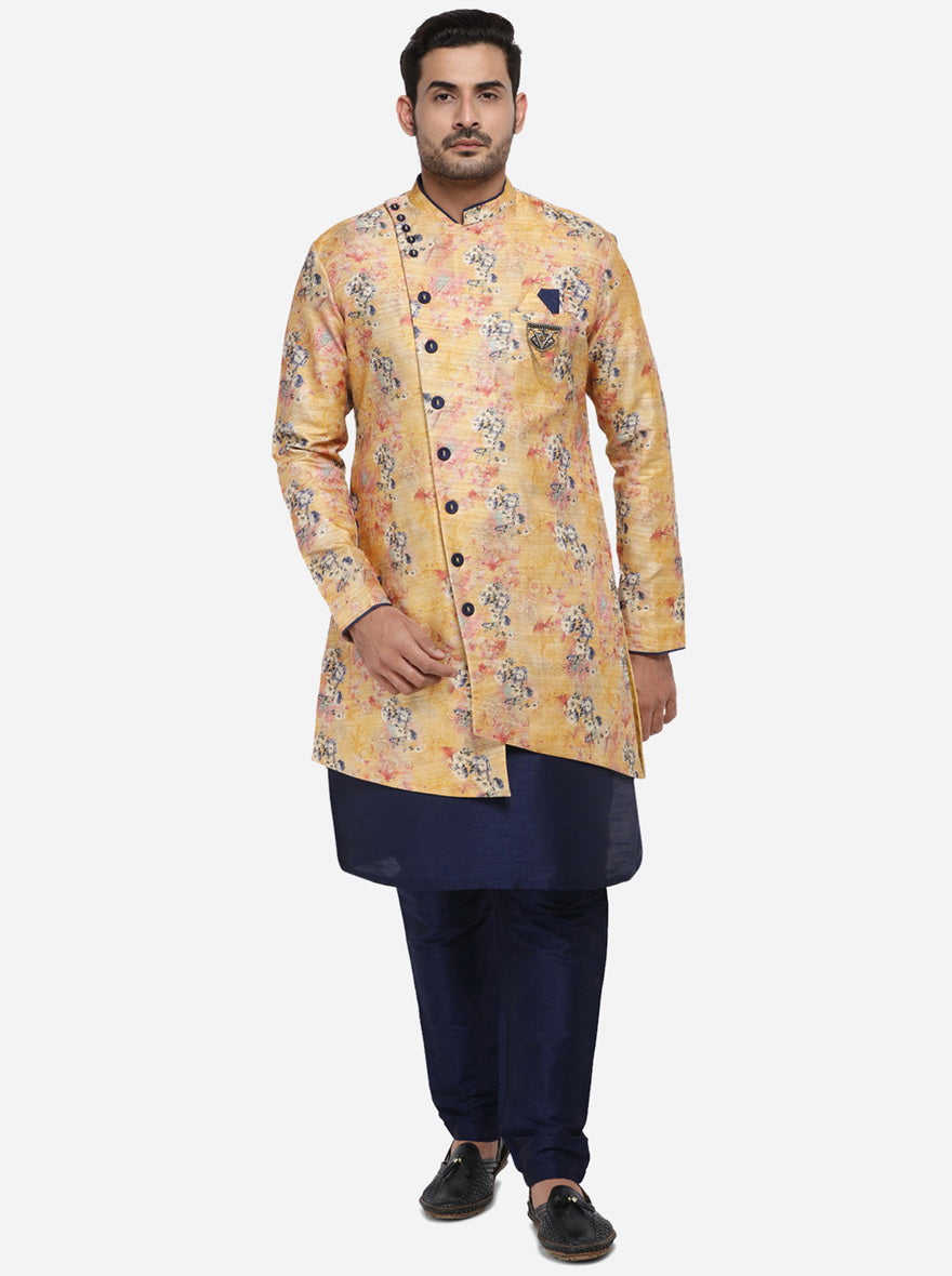 The self-design yellow and pink semi indo adds a vibrant touch to your ethnic wear collection, suitable for various events.