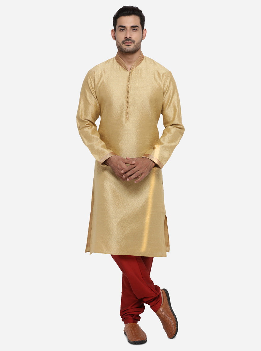 Radiate charm in this golden kurta set, designed for stylish gatherings in the USA.