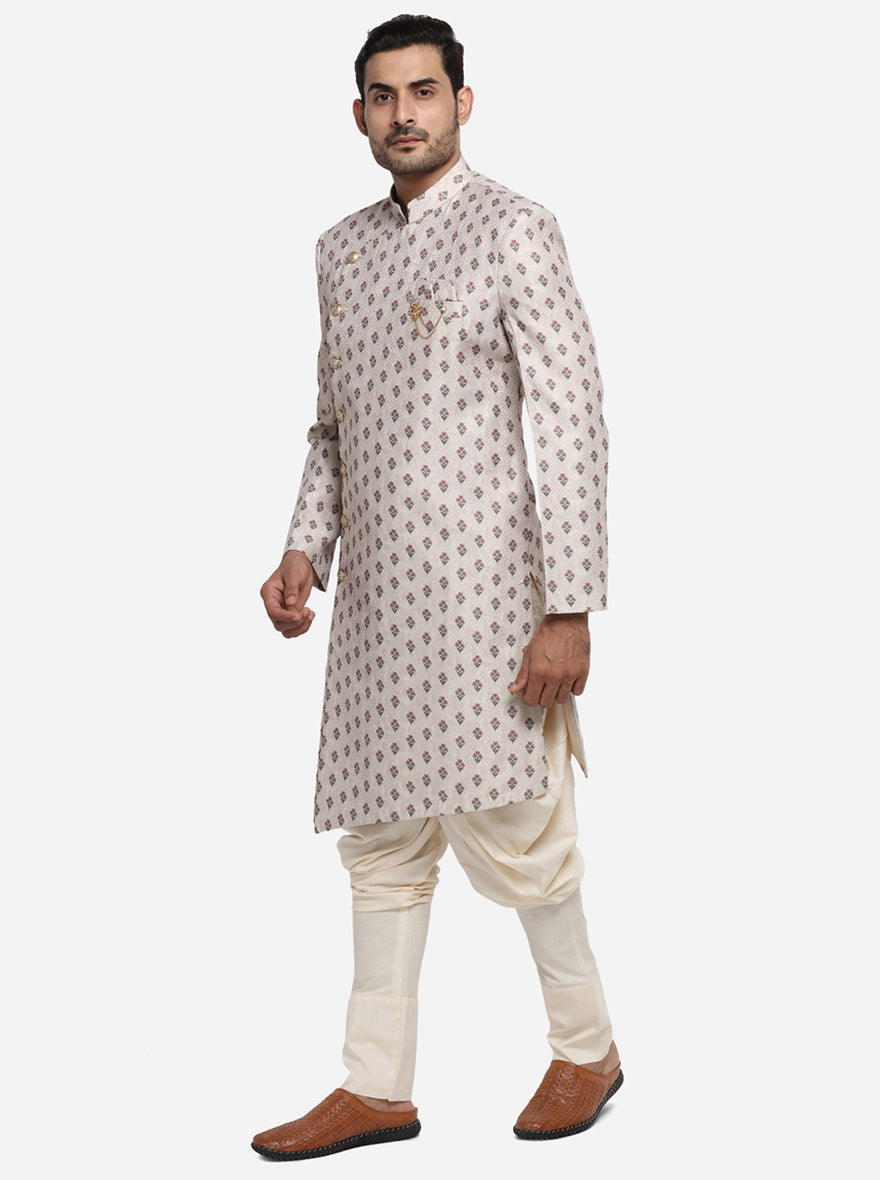 The printed beige cotton linen semi indo is essential for festive events, offering a stylish look for men in the USA.