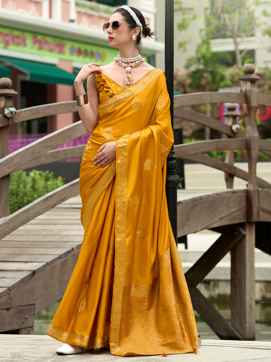 Yellow satin saree crafted for elegance and style.